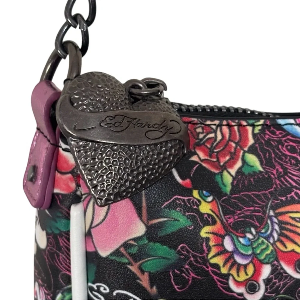 Ed Hardy Shoulder / Crossbody Bag Skull Rose Tattoo Print Rhinestone ms Y2K Punk